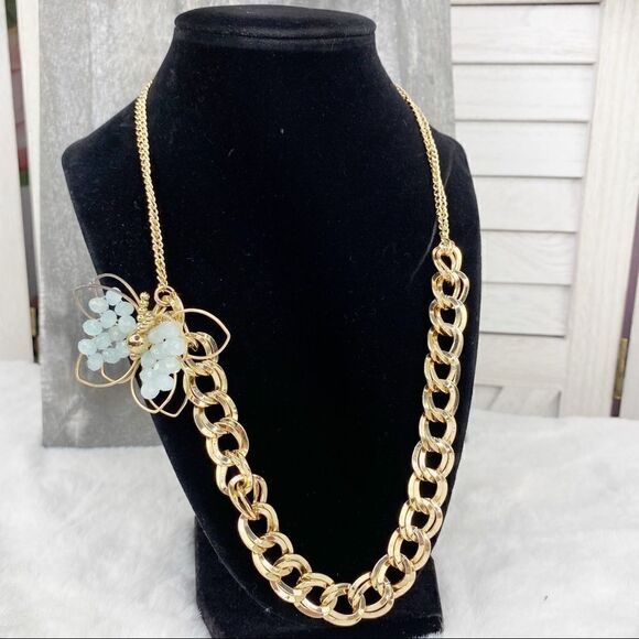 Carol Dauplaise Butterfly Chunky Link Necklace Gold Tone Beaded - Picture 1 of 9